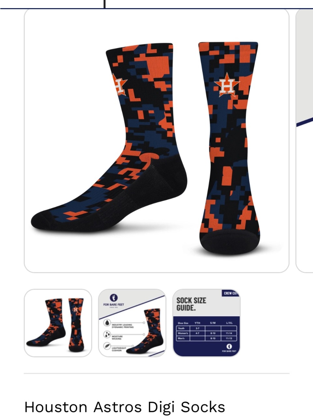 For Bare Feet Houston Astros Digi Camo Crew Socks - Black, Orange & Navy L/XL